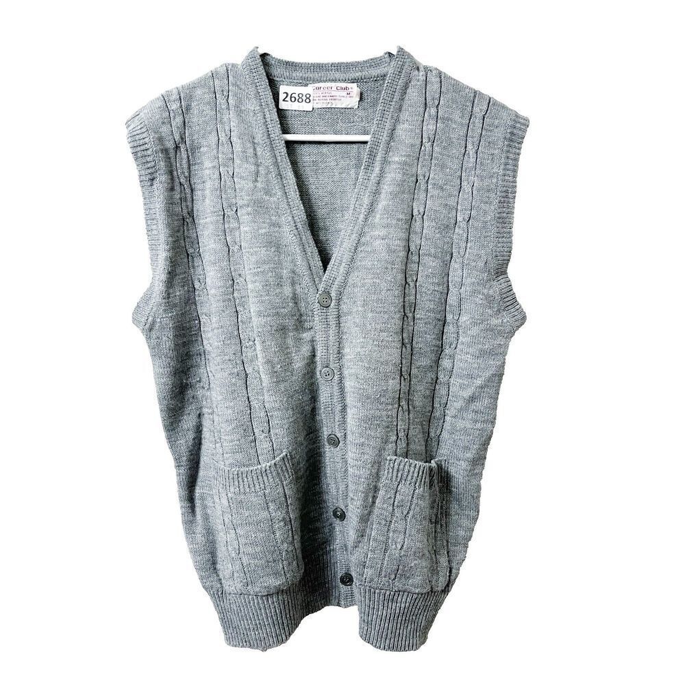 Vtg 70s Career Club Mens Gray Medium Sweater Knit Cardigan Vest Pockets Grandpa